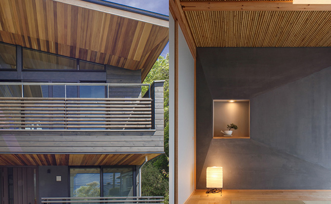 木の質感と濃いグレーの壁との調和が取れた外観・内装